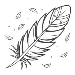 Obraz premium Black and white illustration of a single feather with small floating leaves
