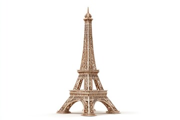 Detailed wooden model of the Eiffel Tower.  Light beige/tan color.  Precisely crafted,  detailed structure.  White background isolates the piece