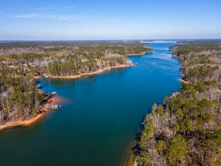 Obraz premium Aerial landscape Clarks Hill Lake in winter after Hurricane Helene in Appling Augusta Georgia