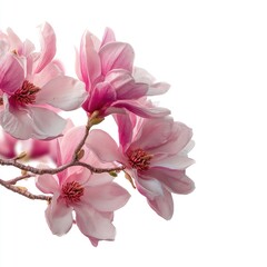 Fototapeta premium Close-up of delicate pink magnolia blossoms on a branch against a pure white background. Soft, pastel pink petals with a hint of white. Branches show light brown tones. Focus on the flowers