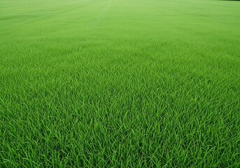 Obraz premium Vibrant green rice paddy field stretching to the horizon under soft daylight
