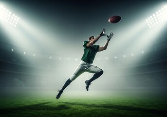 Naklejka premium American Football Player Leaping to Catch Pass Under Stadium Lights