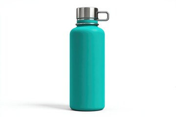 Teal insulated water bottle, cylindrical shape, metallic accents