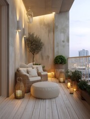 Stylish outdoor balcony setting with comfortable seating and warm lighting.