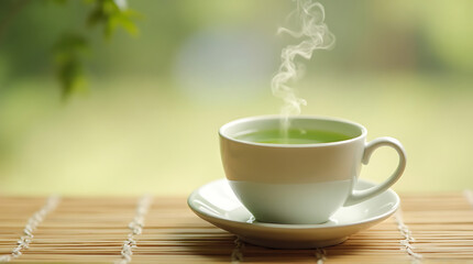 Obraz premium Aromatic serenity a cup of steaming green tea on a bamboo mat captures tranquility and well being