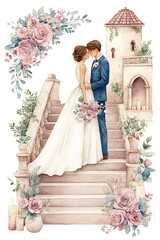 Fototapeta premium A couple embraces on a staircase, dressed elegantly, surrounded by flowers, capturing a romantic wedding moment.