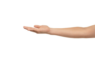 A hand with an open palm extended forward, isolated on a clean gray background. Perfect for concepts of offering, giving, receiving, or holding an invisible object. There is ample negative space for t