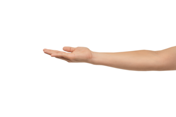 A hand with an open palm extended forward, isolated on a clean gray background. Perfect for concepts of offering, giving, receiving, or holding an invisible object. There is ample negative space for t