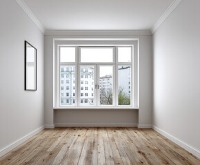 Obraz premium An empty room with a large window showcasing an urban cityscape, bathed in neutral tones.