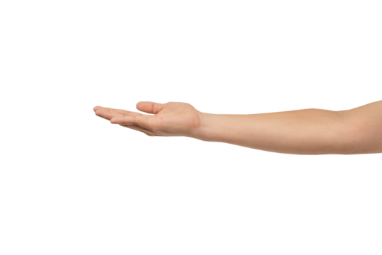 A hand with an open palm extended forward, isolated on a clean gray background. Perfect for concepts of offering, giving, receiving, or holding an invisible object. There is ample negative space for t