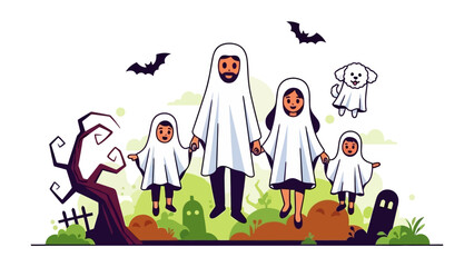 Halloween Specter Family: A charming family of five, costumed as friendly ghosts, joyfully embraces the spirit of Halloween, creating a whimsical illustration with bat accents and spooky props.