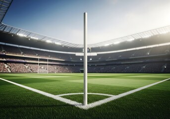 Corner Post Perspective: Rugby Stadium's Green Field and Grandstand Under Bright Sunlight