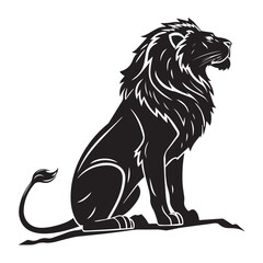 Obraz premium Majestic black lion silhouette sitting majestically, isolated on white background, symbolizing power and strength