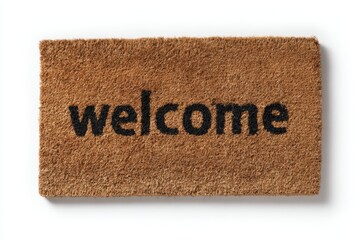 A rectangular doormat, light tan/beige color, displaying the word "welcome" in bold, dark print