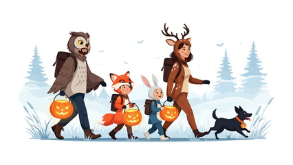 Halloween Adventure: A heartwarming illustration captures the joyous spirit of Halloween as a family embarks on trick-or-treating, costumed as an owl, fox, rabbit and deer.