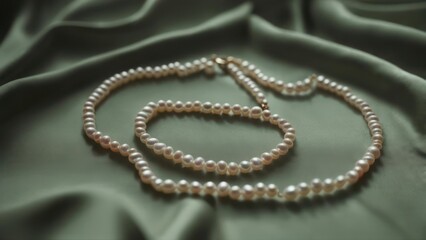 Obraz premium A delicate pearl necklace and bracelet set rests on a soft, sage-green silk fabric, exhibiting subtle light reflections