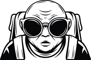 Bald person with large glasses is sitting in the chair outlined in black color