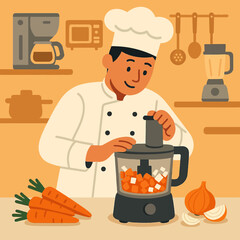 Chef preparing vegetables with blender in cozy kitchen setting