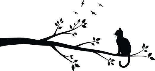 Black cat silhouette sitting on tree branch watching flying birds, elegant vector art for nature, wildlife, pet themes, and creative design