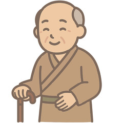 Cute elderly man with cane wearing traditional robe cartoon