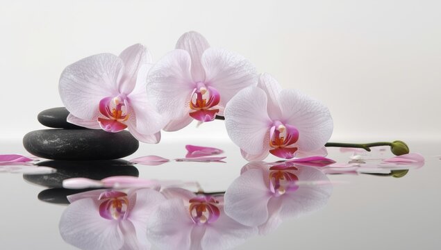 Serene White Orchids and Smooth Stones Reflecting Beauty - Powered by Adobe