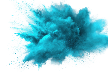 blue aquamarine turquoise color powder dust explosion PNG transparent background isolated graphic resource. Celebration, colorful festival, run or party element