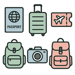 Colorful travel icons set featuring luggage, passport, and camera