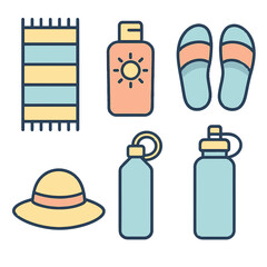 Minimalist summer essentials icons set featuring beach accessories and sunscreen