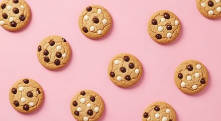 Obraz premium Chocolate Chip Cookies with White and Dark Chips on Pink Background
