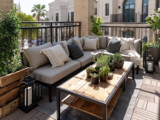 Stylish outdoor patio furniture arrangement with plants and lanterns.
