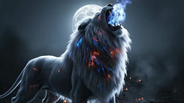 Powerful white lion strides through mystical flames under a luminous full moon, embodying primal strength and untamed spirit.