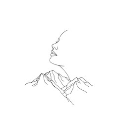 Minimalist line art woman face mountain landscape nature abstract modern simple design illustration drawing scenic