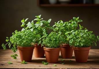 Fototapeta premium Freshly Grown Herbs in Terracotta Pots on Rustic Wooden Table for Culinary and Decor Purposes
