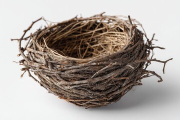 Obraz premium Empty bird's nest, light brown twigs, shallow round shape, against a plain white background
