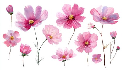 Naklejka premium Pink cosmos flowers in a watercolor style