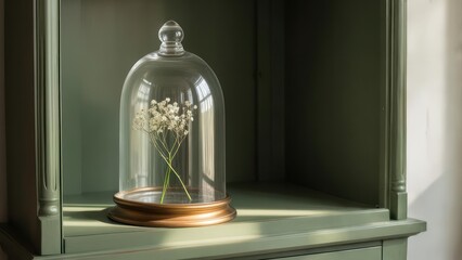 A glass dome cloches protects delicate white flowers on a gold base, nestled within a sage green display cabinet, illuminated by soft sunlight