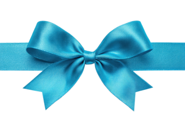 bright blue color satin ribbon with bow PNG, cutout isolated on transparent background. Present, gift, discount, coupon concept graphic resource