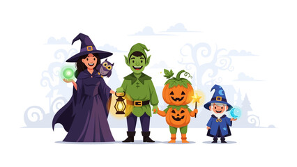 Whimsical Halloween Gathering: A delightful assembly of Halloween characters, including a playful witch with her wise owl, an elf, and smiling pumpkin, and a magical wizard.