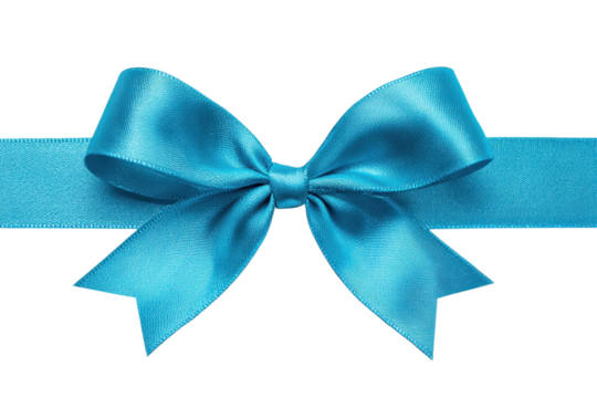 bright blue color satin ribbon with bow PNG, cutout isolated on transparent background. Present, gift, discount, coupon concept graphic resource
