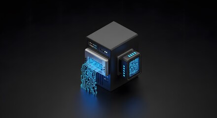 Isometric server cabinet data processing digital circuits blue light technology computing network security cloud AI innovation