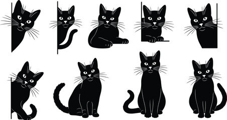 Black silhouette illustration of eight playful and curious cats in various poses with white eyes, vector art for pet, animal, and design themes