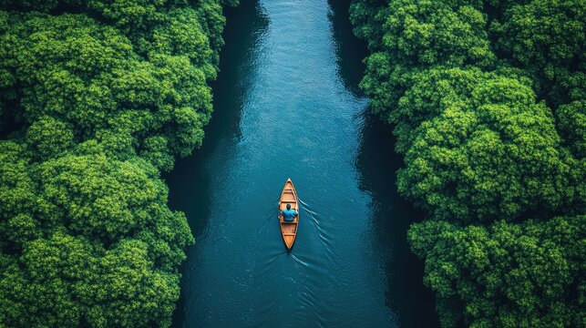 Aerial view of a canoeist paddling through a mangrove forest waterway - Powered by Adobe