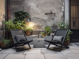 Outdoor patio chairs with gray cushions on a stone patio.