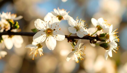 Fototapeta premium Blossoming branch with small white flowers and yellow stamens, blurred background of sky and trees