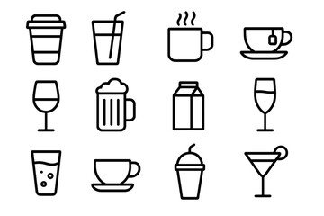 Beverage line icon set. Drink outline symbols for web and graphic design. Coffee, tea, beer, wine, cocktail, milk, soda icons. Vector pictogram collection for menu, app, UI.