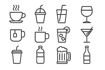Drink and beverage line icon set. Minimalist outline vector symbols for graphic and web design. Pictograms of coffee, tea, juice, soda, wine, beer, cocktail, and water.