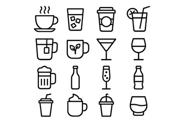 Beverage and drink line icon set. Simple outline symbols for menu, bar, or cafe. Vector graphic icons for coffee, tea, cocktail, beer, wine, soda, and juice.