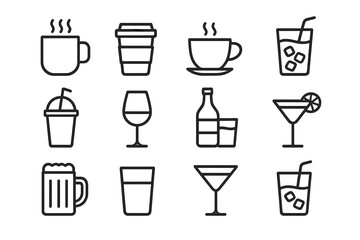 Beverage and drink thin line icon set. Vector outline symbols collection of coffee, tea, cocktail, juice, beer, wine. For graphic design, web, apps, cafe and bar menu.