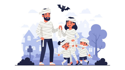 Halloween Mummy Family: A whimsical illustration capturing a family of four, all dressed up as mummies, ready to celebrate Halloween, bringing joy to the season with their playful costumes.