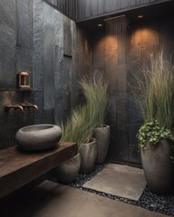 Outdoor shower with stone features and landscaping.